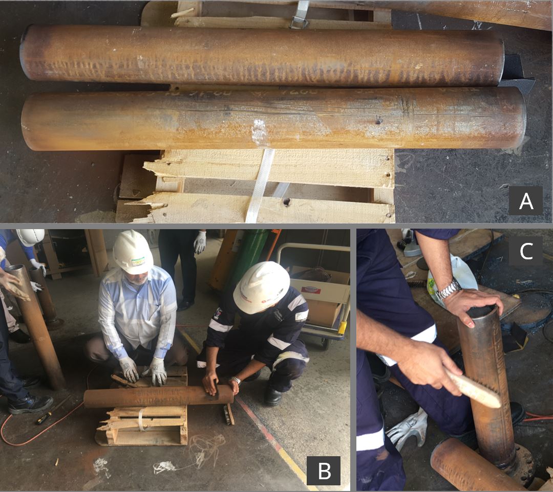 Pipes supplied by the Saudi Aramco, Chase Resource Technicians preparing the surface of the pipe by cleaning with an abrasive paper